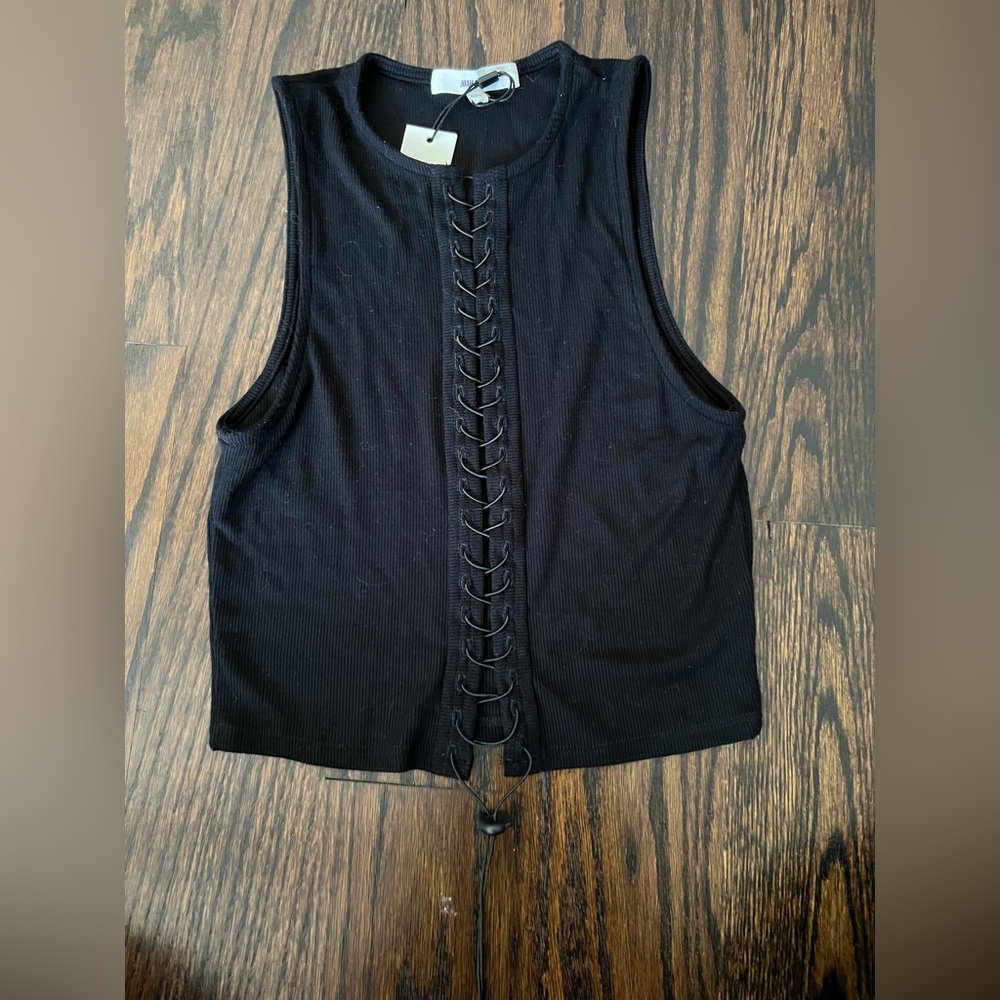 Joah Brown Black Lace-Up Crop Top